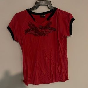 Harley-Davidson red and black short sleeve top.